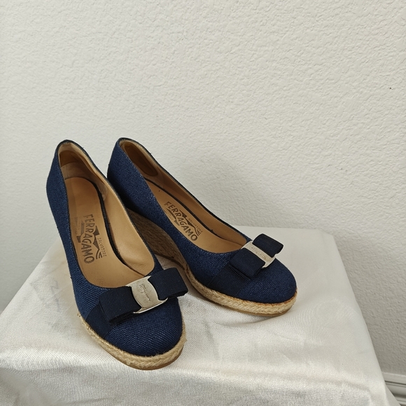 Salvatore Ferragamo Darley Espadrille Blue Denim Wedges Size 5C Women's - Picture 6 of 16